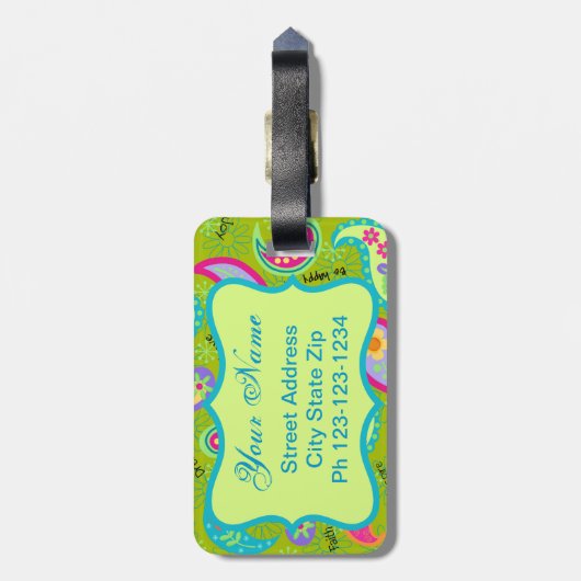 Olive Lime Green Modern Paisley Muster Monogram Gepäckanhänger (Rückseite vertikal)