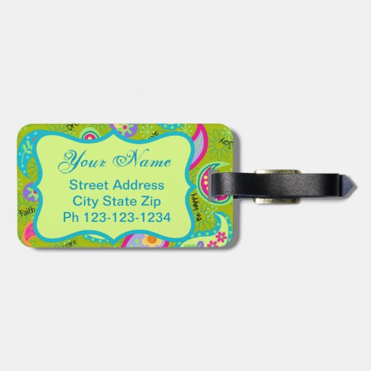 Olive Lime Green Modern Paisley Muster Monogram Gepäckanhänger (Rückseite horizontal)
