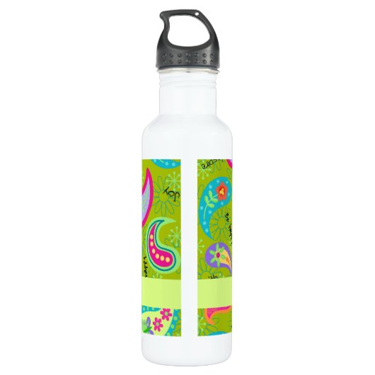 Olive Lime Green Modern Paisley Muster Monogram Trinkflasche (Rückseite)