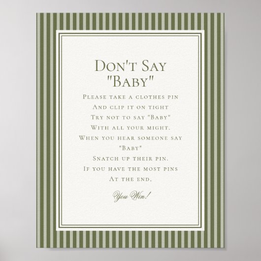 Olive Martini Green Striped Baby Shower Game Poster (Vorne)