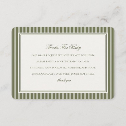 Olive Martini Green Striped Books For Baby Shower Begleitkarte (Vorderseite)
