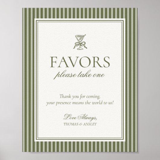 Olive Martini Green Striped Wedding Favors Sign Poster (Vorne)