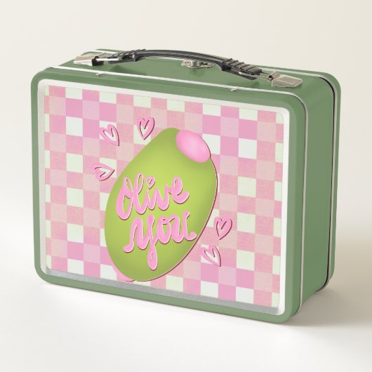 Olive Me Loves Olive You Retro Pink Check Metall Brotdose (Rückseite)