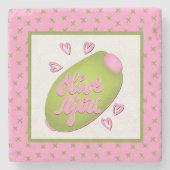 Olive Me Loves Olive You Retro Pink Olive Pattern Steinuntersetzer (Vorderseite)