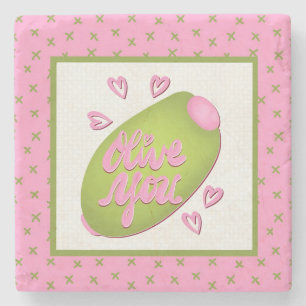 Olive Me Loves Olive You Retro Rosa Olivenmuster Steinuntersetzer