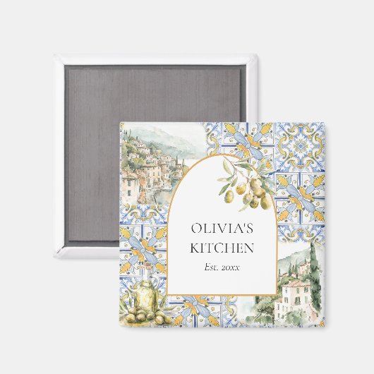 Olive Mediterranean Botanic Yellow Blue Magnet (Vorderseite/Rückseite)