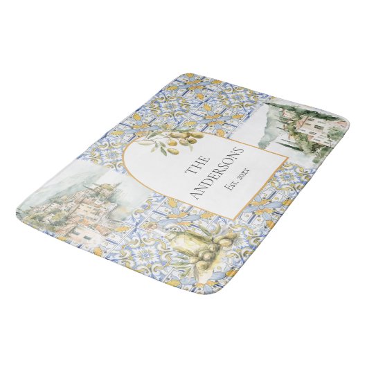 Olive Mediterranean Yellow Blue Tile Pattern Badematte (Schrägansicht)