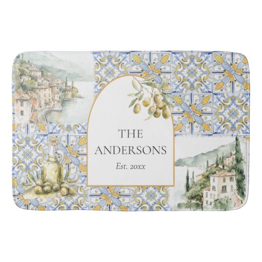 Olive Mediterranean Yellow Blue Tile Pattern Badematte (Vorderseite)