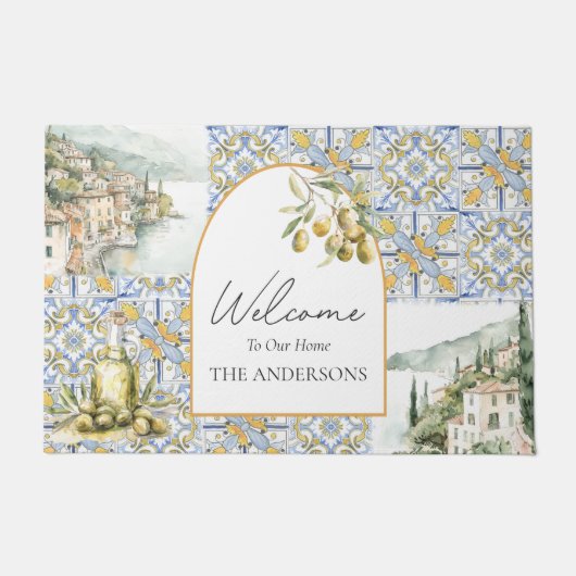 Olive Mediterranean Yellow Blue Tile Pattern Fußmatte (Vorderseite)