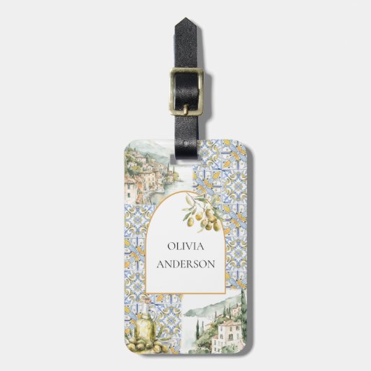 Olive Mediterranean Yellow Blue Tile Pattern Gepäckanhänger (Vorderseite vertikal)