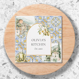 Olive Mediterranean Yellow Blue Tile Pattern Geschenkanhänger