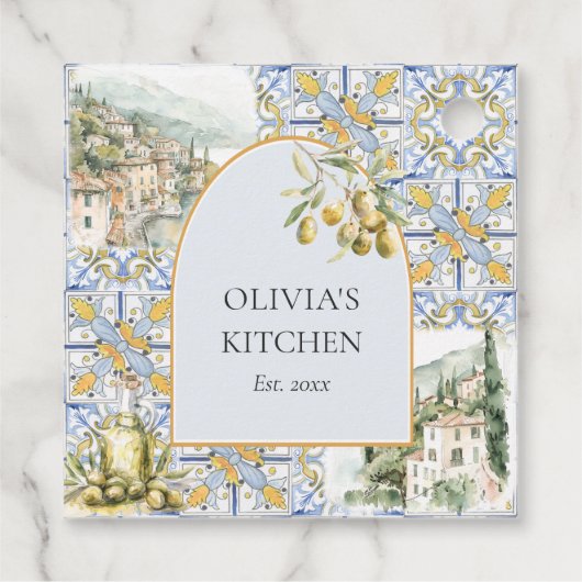 Olive Mediterranean Yellow Blue Tile Pattern Geschenkanhänger (Rückseite)