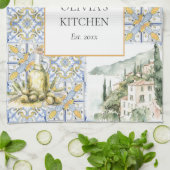 Olive Mediterranean Yellow Blue Tile Pattern Geschirrtuch (Gefaltet)