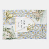 Olive Mediterranean Yellow Blue Tile Pattern Geschirrtuch (Horizontal)