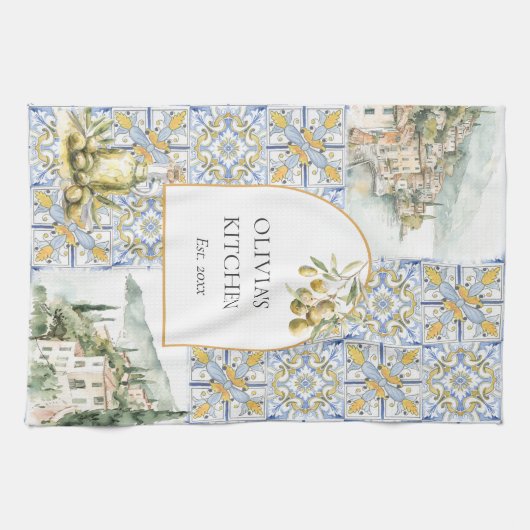 Olive Mediterranean Yellow Blue Tile Pattern Geschirrtuch (Horizontal)