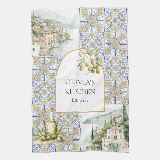 Olive Mediterranean Yellow Blue Tile Pattern Geschirrtuch (Vertikal)