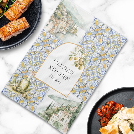 Olive Mediterranean Yellow Blue Tile Pattern Geschirrtuch