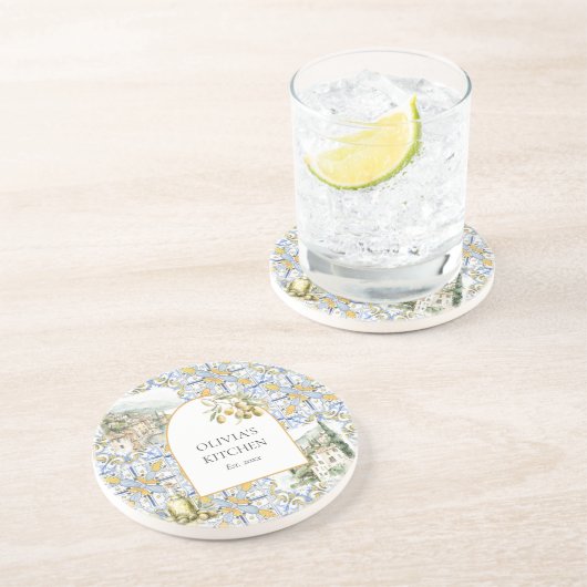 Olive Mediterranean Yellow Blue Tile Pattern Getränkeuntersetzer (Seite)