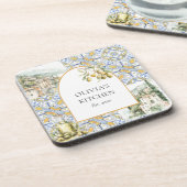 Olive Mediterranean Yellow Blue Tile Pattern Getränkeuntersetzer (Linke Seite)