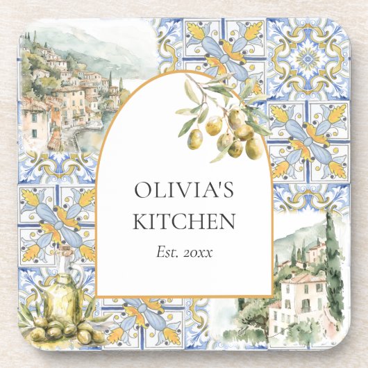 Olive Mediterranean Yellow Blue Tile Pattern Getränkeuntersetzer (Vorderseite)