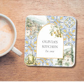 Olive Mediterranean Yellow Blue Tile Pattern Getränkeuntersetzer