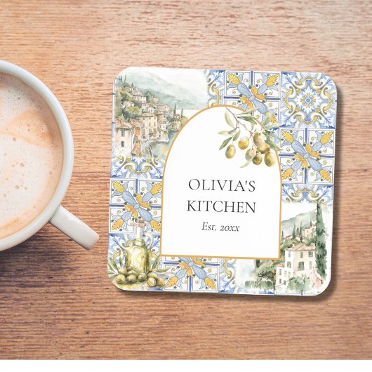 Olive Mediterranean Yellow Blue Tile Pattern Getränkeuntersetzer