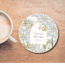 Olive Mediterranean Yellow Blue Tile Pattern Getränkeuntersetzer