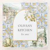 Olive Mediterranean Yellow Blue Tile Pattern Glasuntersetzer (Vorderseite)