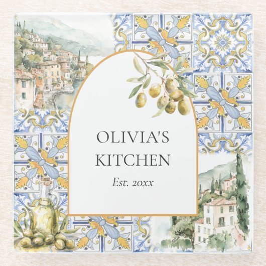 Olive Mediterranean Yellow Blue Tile Pattern Glasuntersetzer (Vorderseite)
