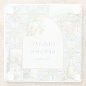 Olive Mediterranean Yellow Blue Tile Pattern Glasuntersetzer (Rückseite)