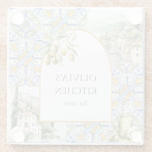 Olive Mediterranean Yellow Blue Tile Pattern Glasuntersetzer (Rückseite)