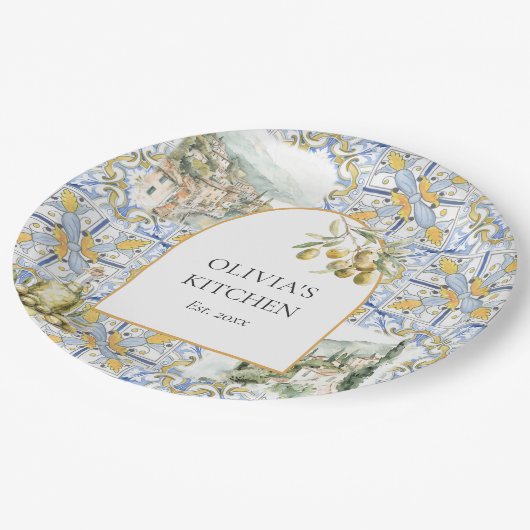 Olive Mediterranean Yellow Blue Tile Pattern Pappteller (Schrägansicht)