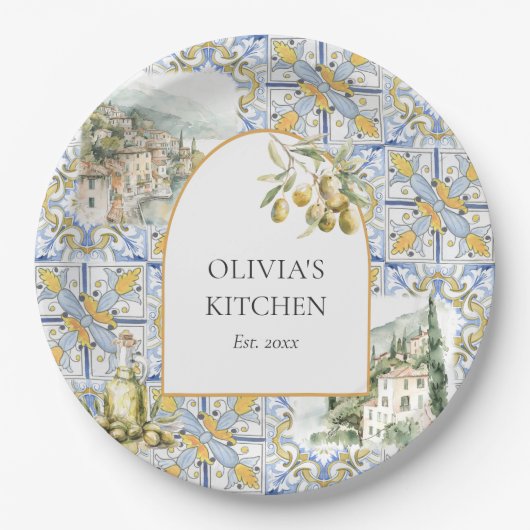 Olive Mediterranean Yellow Blue Tile Pattern Pappteller (Vorderseite)