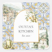 Olive Mediterranean Yellow Blue Tile Pattern Quadratischer Aufkleber (Vorderseite)