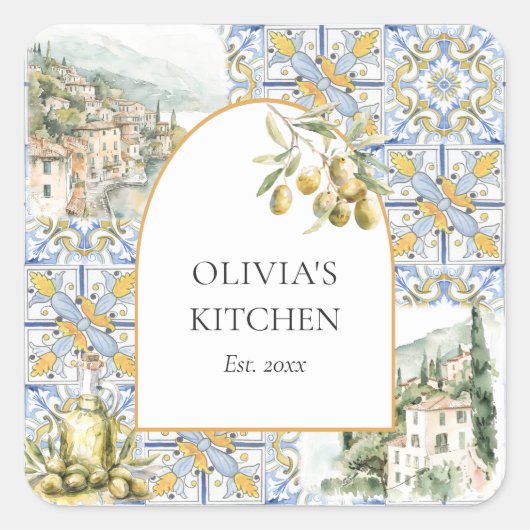 Olive Mediterranean Yellow Blue Tile Pattern Quadratischer Aufkleber (Vorderseite)