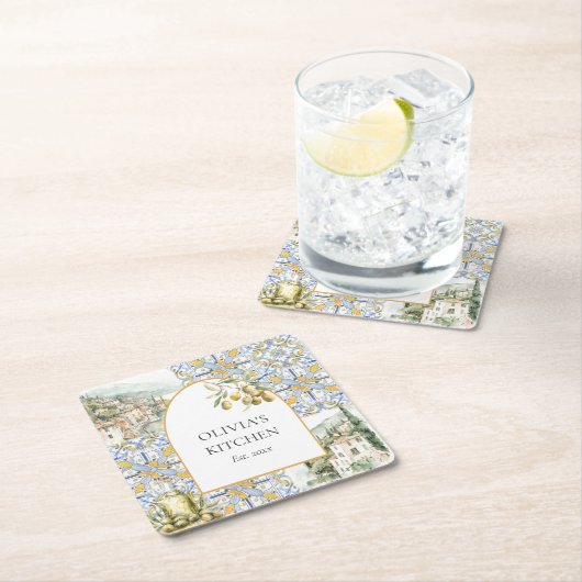 Olive Mediterranean Yellow Blue Tile Pattern Rechteckiger Pappuntersetzer (Vor Ort)