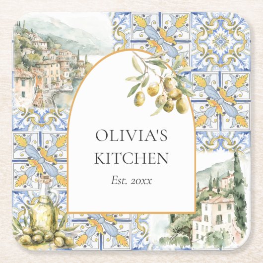 Olive Mediterranean Yellow Blue Tile Pattern Rechteckiger Pappuntersetzer (Vorderseite)