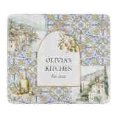 Olive Mediterranean Yellow Blue Tile Pattern Schneidebrett (Vorderseite)