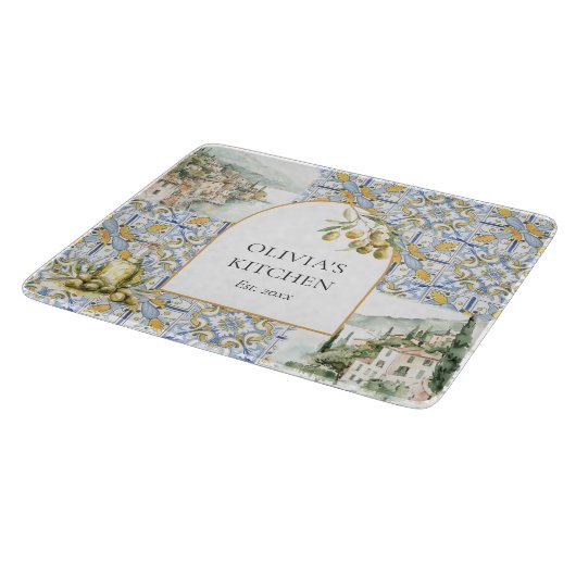 Olive Mediterranean Yellow Blue Tile Pattern Schneidebrett (Ecke)