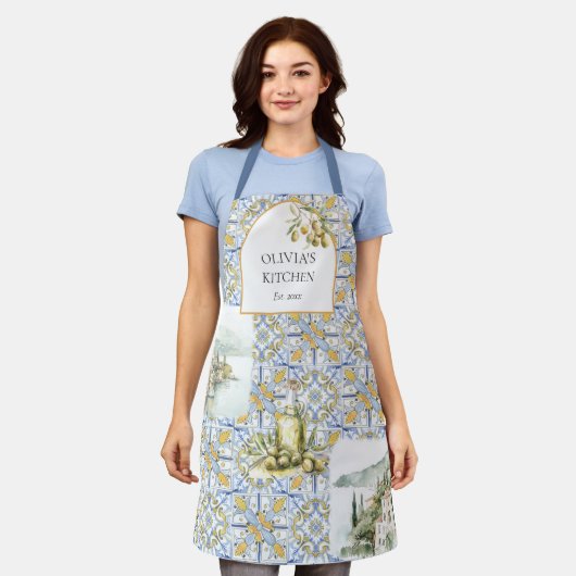 Olive Mediterranean Yellow Blue Tile Pattern Schürze (Getragen)