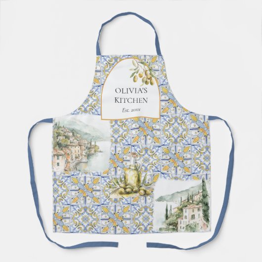 Olive Mediterranean Yellow Blue Tile Pattern Schürze (Vorderseite)