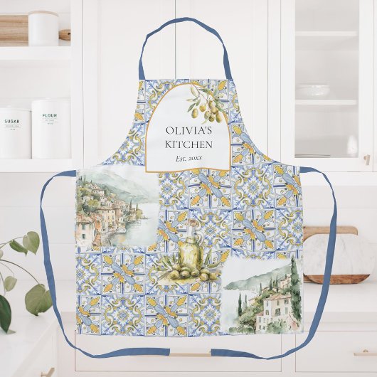 Olive Mediterranean Yellow Blue Tile Pattern Schürze