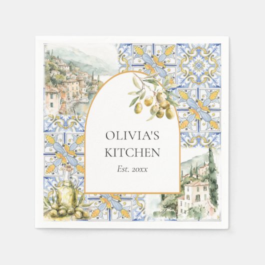Olive Mediterranean Yellow Blue Tile Pattern Serviette (Vorderseite)