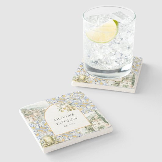 Olive Mediterranean Yellow Blue Tile Pattern Steinuntersetzer (Seitenansicht)