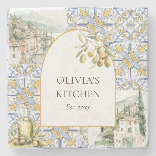 Olive Mediterranean Yellow Blue Tile Pattern Steinuntersetzer (Vorderseite)