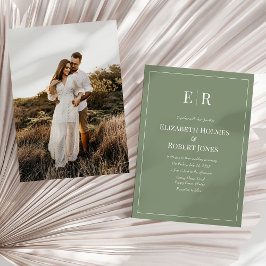 Olive-Minimalistisch-Monogramm- und Foto-Hochzeit Einladung