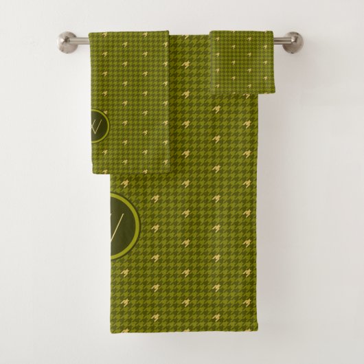 Olive mit Gold Accent Hahnentrittmuster Handtuch S Badhandtuch Set (Insitu)