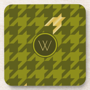Olive mit Goldakzent Houndstooth Quadrate-Unterlag Getränkeuntersetzer
