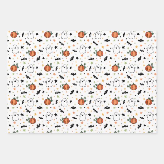 Olive Mixed Halloween Patterns Ghost Pumpkins Fled Geschenkpapier Set (Vorderseite 3)