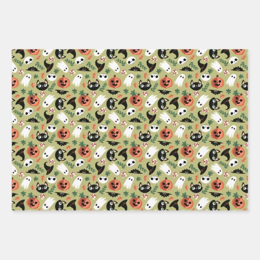 Olive Mixed Halloween Patterns Ghost Pumpkins Fled Geschenkpapier Set (Vorderseite 2)